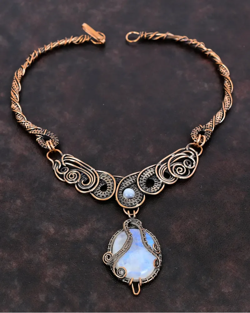 Rainbow Moonstone Necklace | Handmade Copper Wire Wrapped Natural Gemstone Jewelry | Elegant Gift for Her